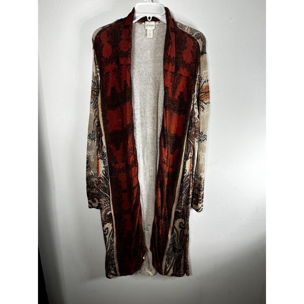 Chico's Sweater Cardigan Womens 3 XL Multicolor Paisley Open Front Knit Duster